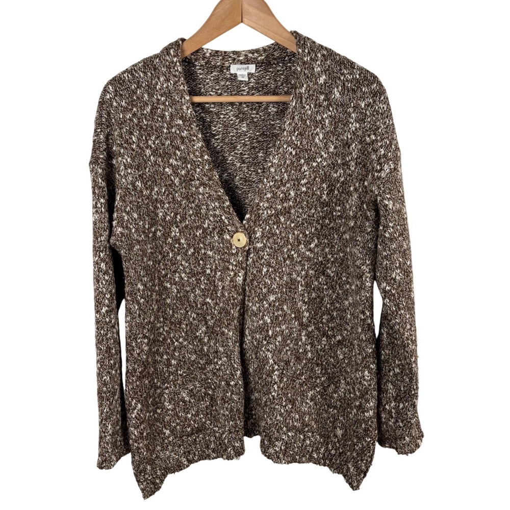 Pure Jill Cardigan Size M Brown Chunky Marled Knit V-Neck Single Button‎ Boho